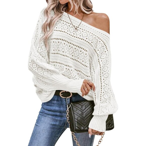 Sweaters - Womens Off Shoulder Knit Sweater Top Oversized Batwing Fall Casual Stylish